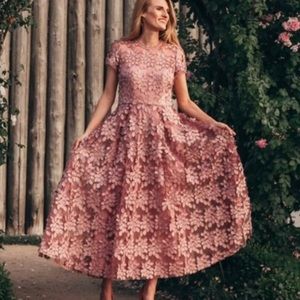 BHLDN Virdia 10 Pink 3D Floral Applique Textured Tea Length Formal Midi Dress